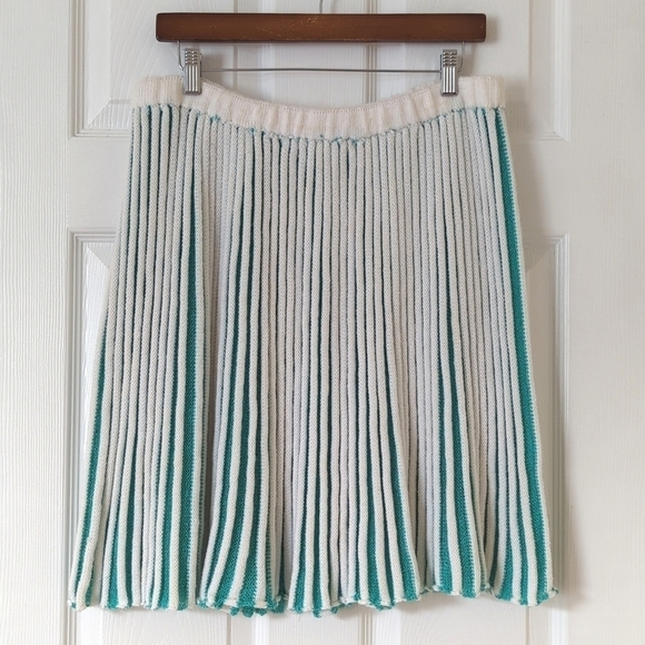80's Vintage Unique Pleated Knit High Waisted A-Line Mini Skirt White Teal XL - Picture 1 of 8